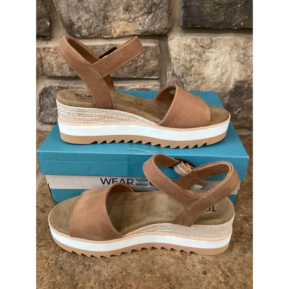 TOMS Diana Tan Leather Platform Wedge Sandals 10019757 Womens Size 7.5 New - Picture 2 of 8
